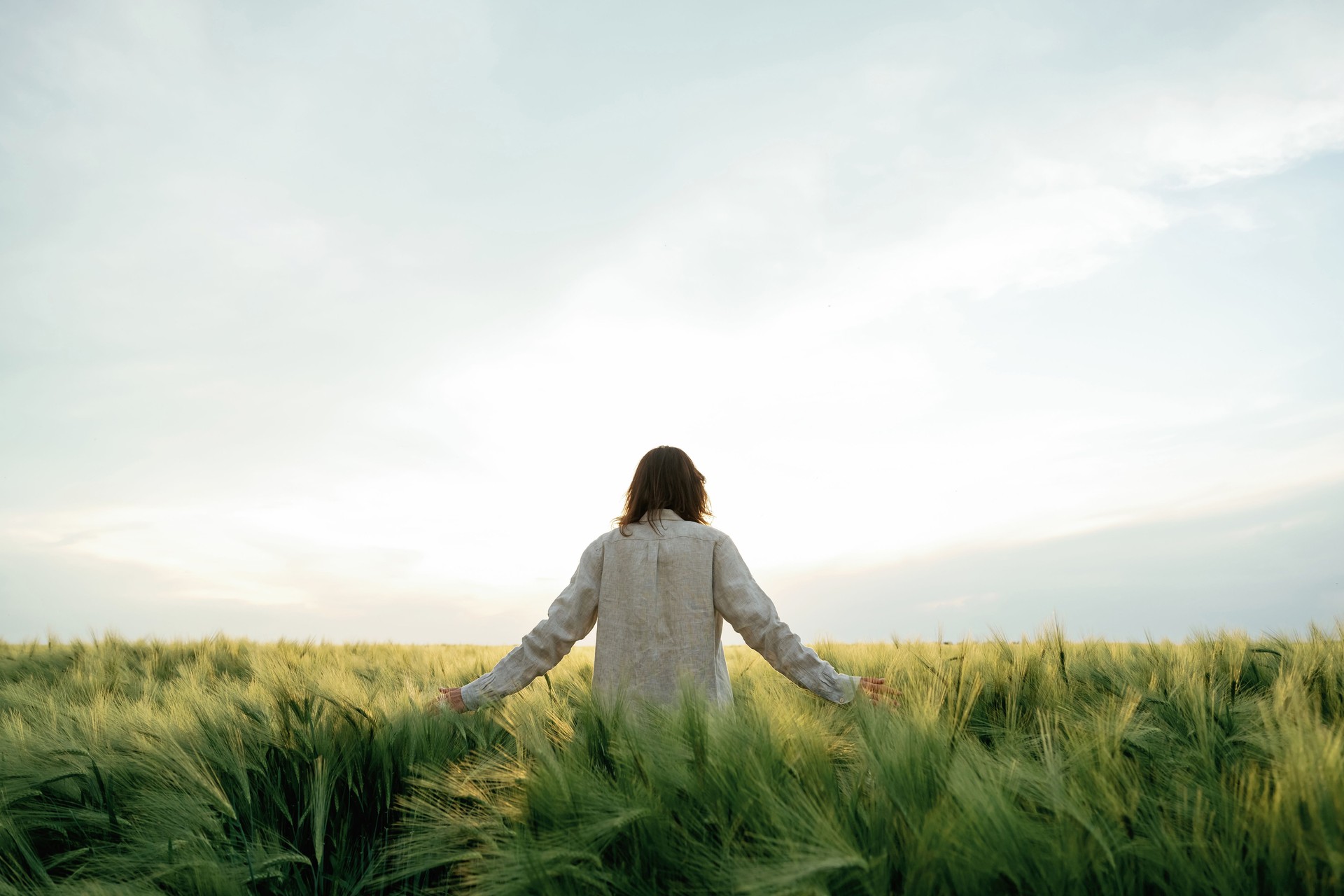 Vue de dos, marcher et profiter de la nature. Une femme en blanc est sur le champ de blé agricole